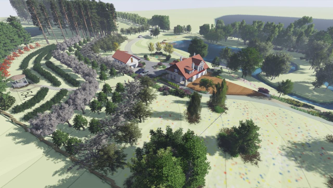 Wizualizacja 3D zagospodarowania terenu wokół domu z ogrodem, stawem, alejkami, altaną i drzewami.