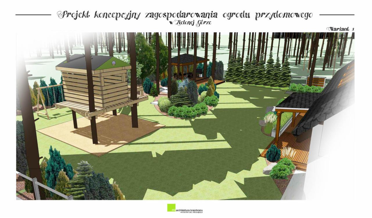 Wizualizacja koncepcyjna zagospodarowania ogrodu przydomowego w Zielonej Górze, prezentująca domek na drzewie z huśtawką, altanę zadaszoną, taras drewniany przy domu oraz różnorodne nasadzenia...