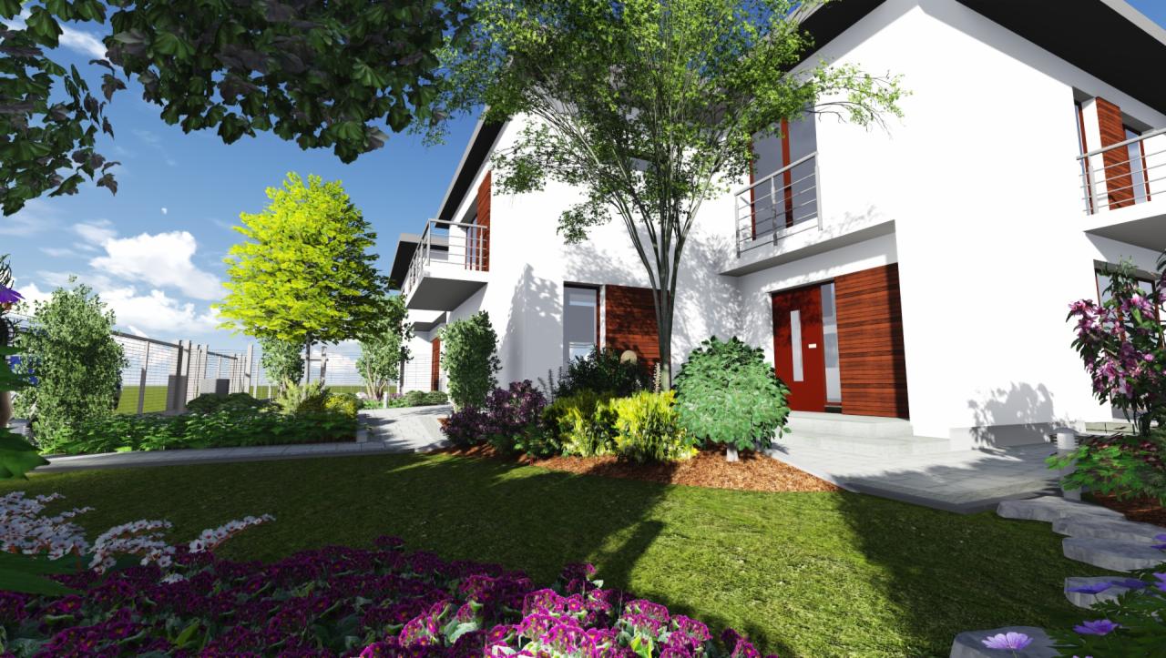 Wizualizacja ogrodu przed nowoczesnym, dwupiętrowym domem z białymi ścianami i elementami z drewna, ukazująca różnorodne nasadzenia: kwitnące rabaty z fioletowymi kwiatami na pierwszym planie...