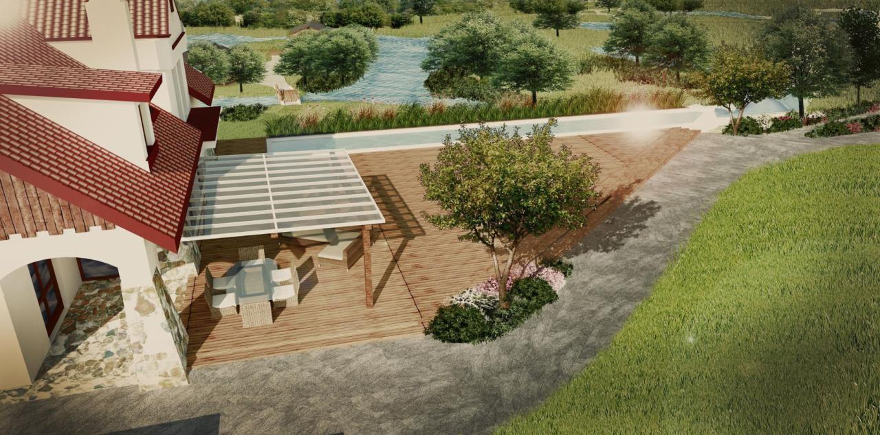 Wizualizacja tarasu z drewna z nowoczesną pergolą z białymi listwami, zestawem mebli ogrodowych, widok na staw i zadbany trawnik.