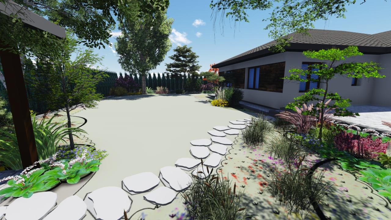 Wizualizacja ogrodu przydomowego z białymi płytami ścieżkowymi prowadzącymi przez trawnik, różnorodne nasadzenia roślin, drzewa liściaste i iglaste w tle oraz budynek z ciemną stolarką okienną.