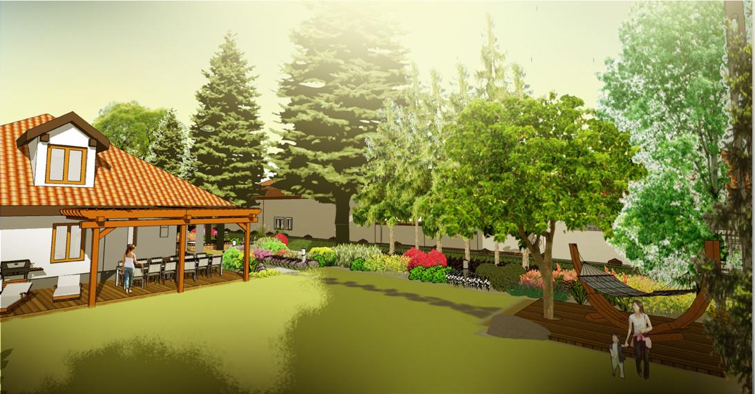 Wizualizacja ogrodu z domem, tarasem z pergolą połączonym z jadalnią na świeżym powietrzu, hamakiem na podeście i rabatami kwiatowymi