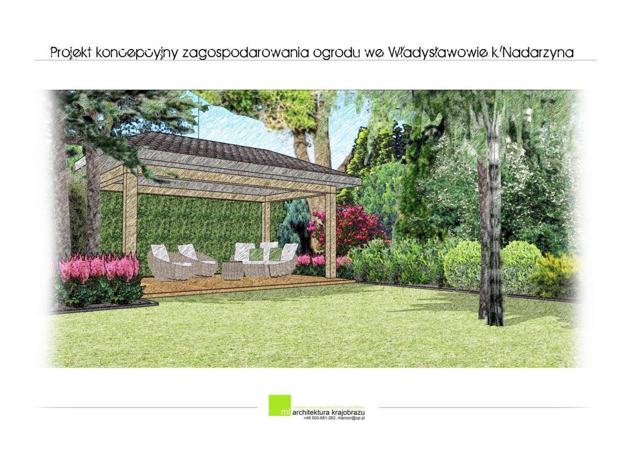 Wizualizacja koncepcyjna ogrodu z pergolą, rattanowymi meblami wypoczynkowymi i bujną roślinnością, Władysławowo k/Nadarzyna.