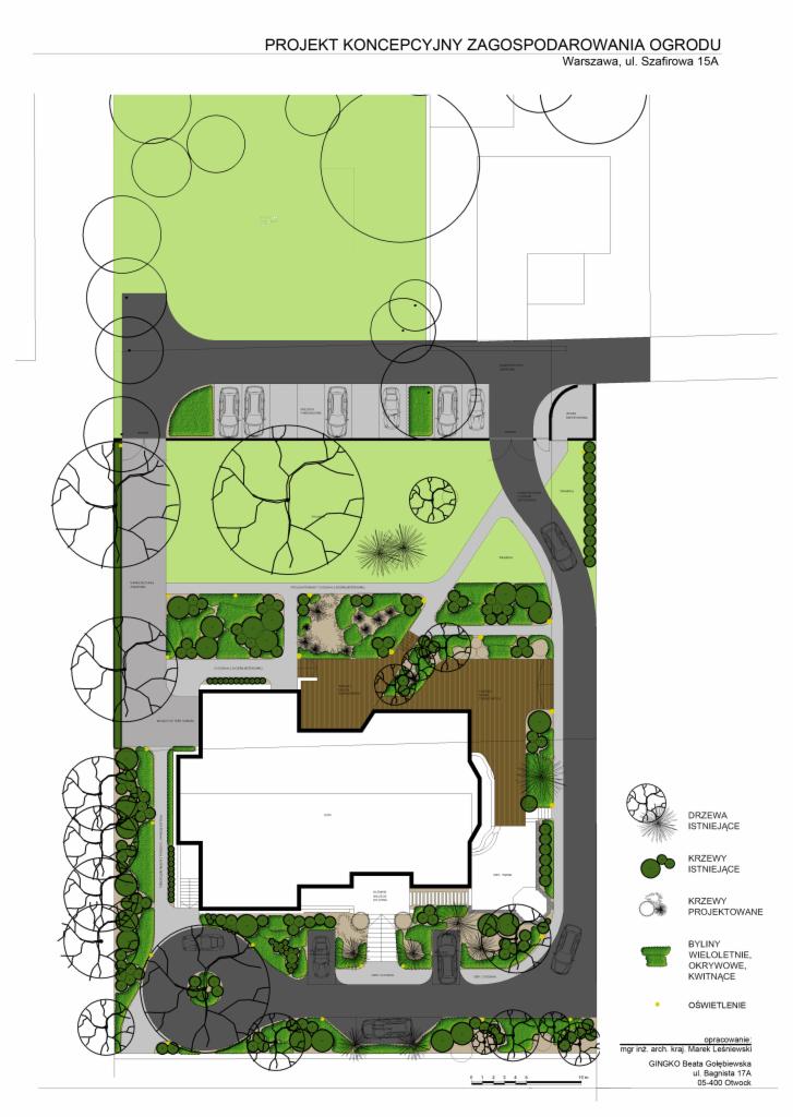 Koncepcyjny projekt zagospodarowania ogrodu z widokiem z góry, prezentujący rozmieszczenie drzew, krzewów, bylin, oświetlenia, tarasu i miejsc parkingowych przy budynku mieszkalnym.