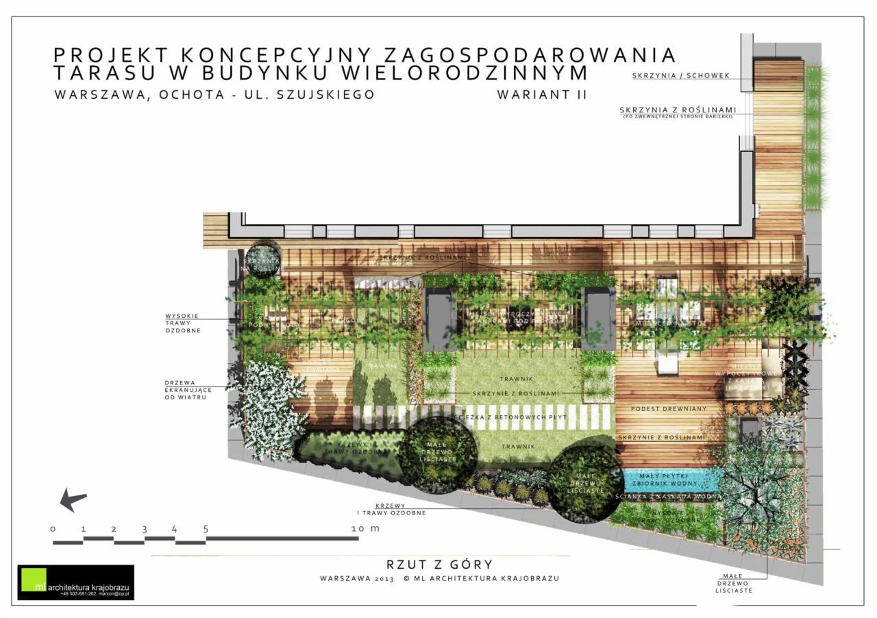 Projekt koncepcyjny zagospodarowania tarasu w budynku wielorodzinnym, rzut z góry, widok na drewniany podest, trawnik, skrzynie z roślinami, drzewa i mały zbiornik wodny.