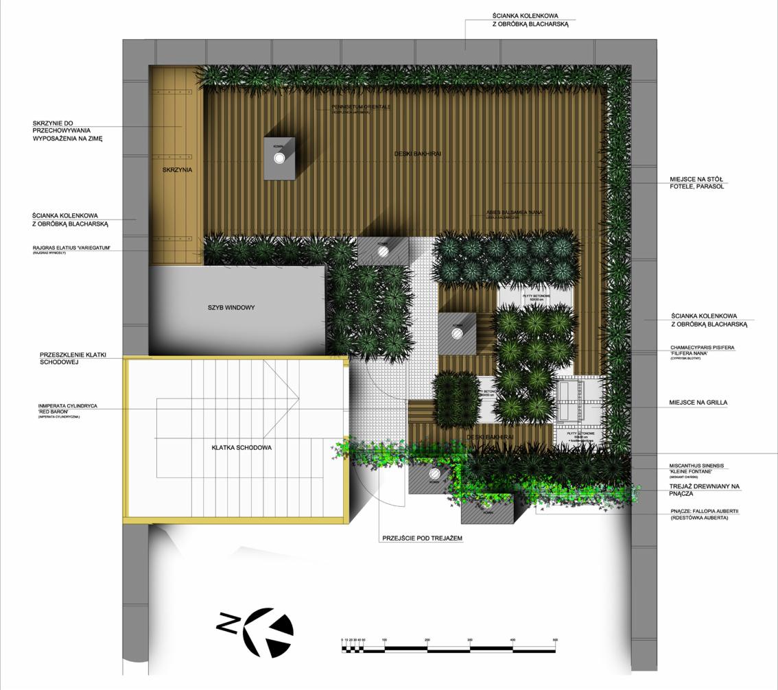 Plan zagospodarowania przestrzeni zewnętrznej z tarasem, roślinnością i elementami małej architektury, widok z góry.