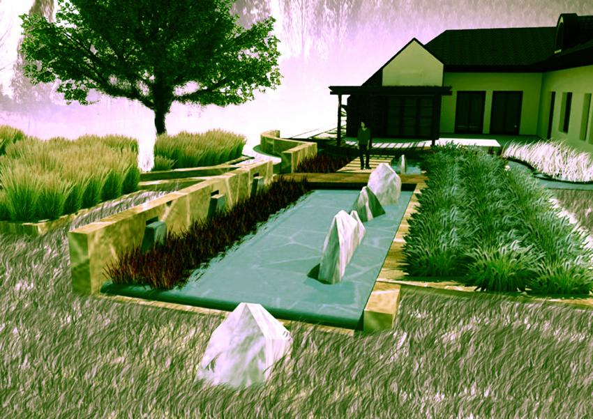 Wizualizacja ogrodu w stylu japońskim z podłużnym stawem z kamieniami, trawnikiem, ozdobnymi trawami i nowoczesnym domem w tle.