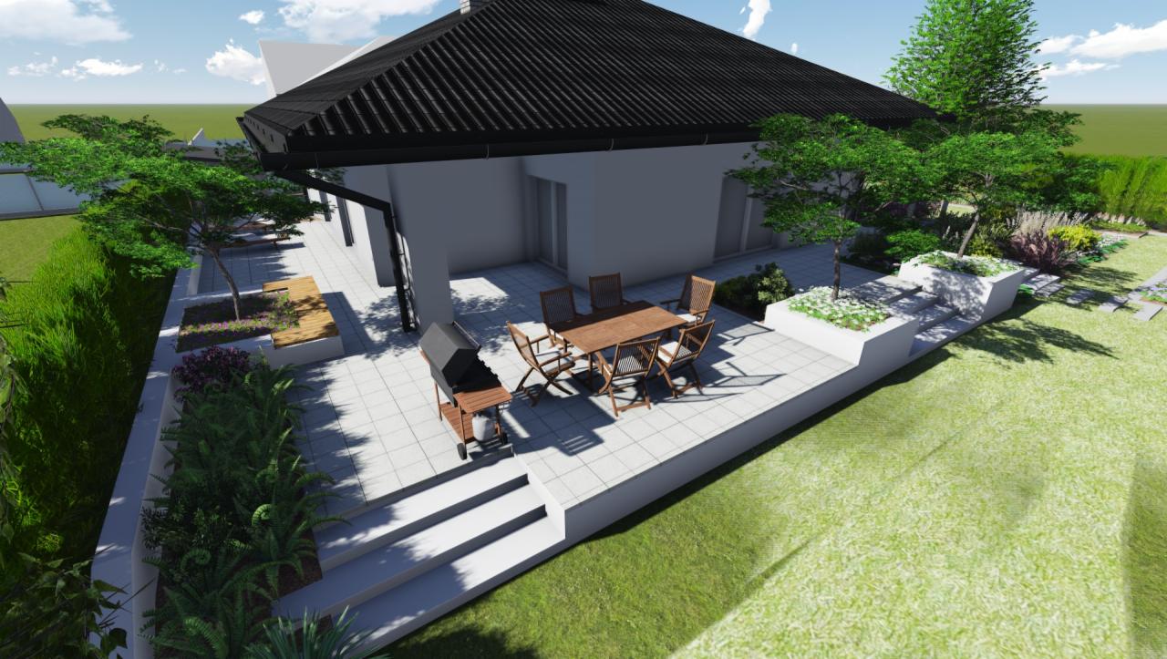 Wizualizacja 3D ogrodu przydomowego z tarasem wyłożonym jasnymi płytami, meblami ogrodowymi i grillem, otoczonego zielenią i niskimi murkami z roślinami.