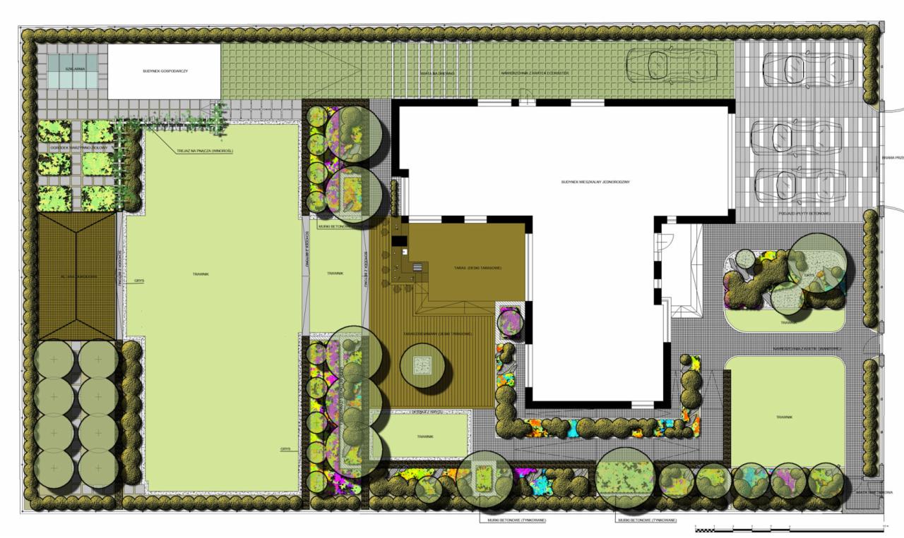 Plan zagospodarowania ogrodu w Warszawie, widok z góry, ukazujący rozkład trawników, tarasu, altany, podjazdu i roślinności wokół domu.