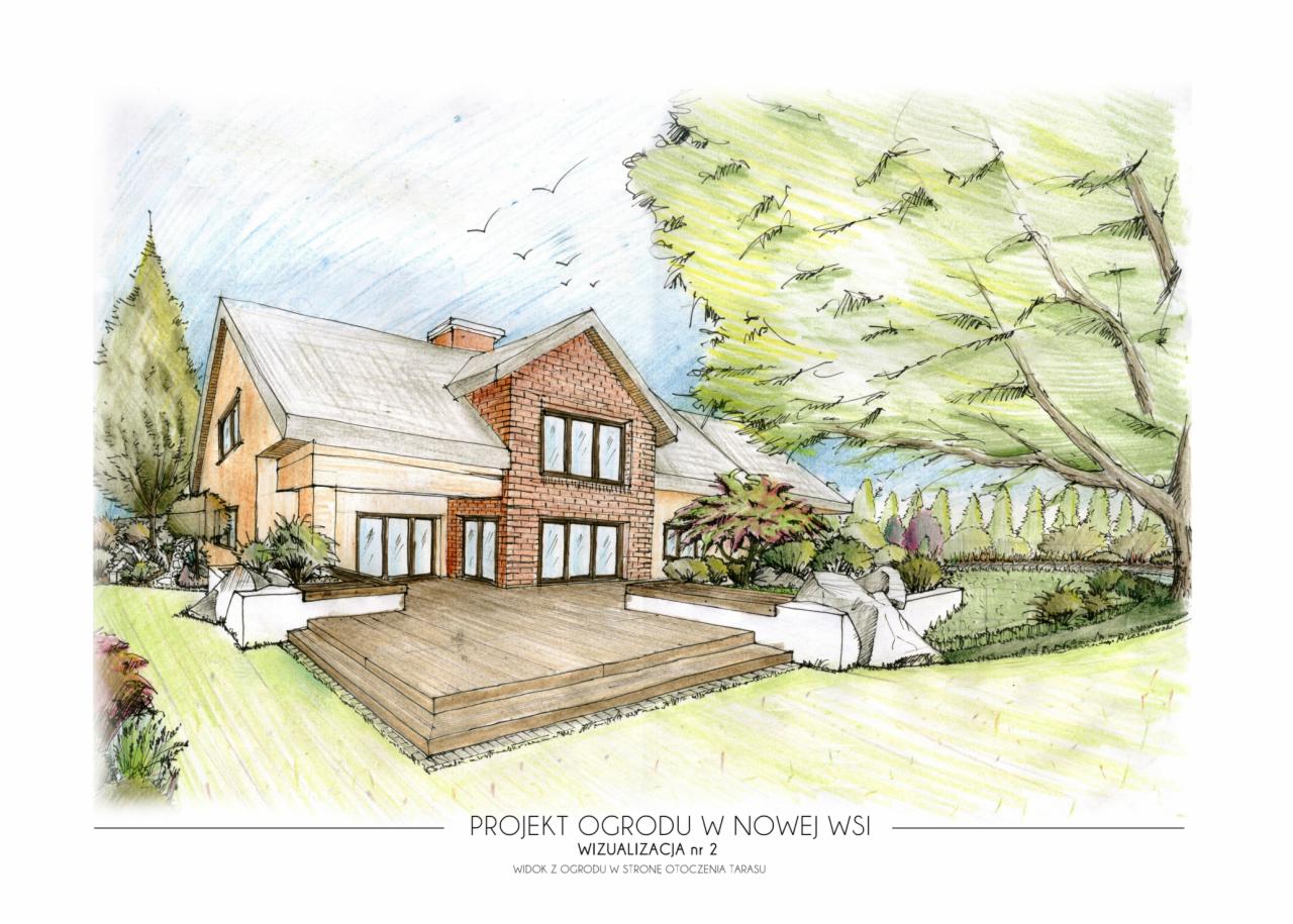 Szkic koncepcyjny ogrodu z drewnianym tarasem, przedstawiający widok domu z ogrodem, z uwzględnieniem aranżacji roślinności i elementów małej architektury.