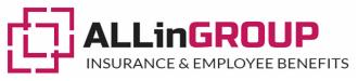 Logo firmy ubezpieczeniowej ALLinGROUP z symbolem dwóch przenikających się kwadratów w kolorze fuksji i hasłem 'INSURANCE & EMPLOYEE BENEFITS'.