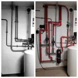 Instalacja grzewcza z kotłem i zasobnikiem, rury w izolacji termicznej, część w kolorze, część czarno-biała, widoczne zawory i regulatory.