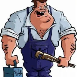 Karykatura uśmiechniętego hydraulika w niebieskim kombinezonie, trzymającego klucz francuski i skrzynkę narzędziową.