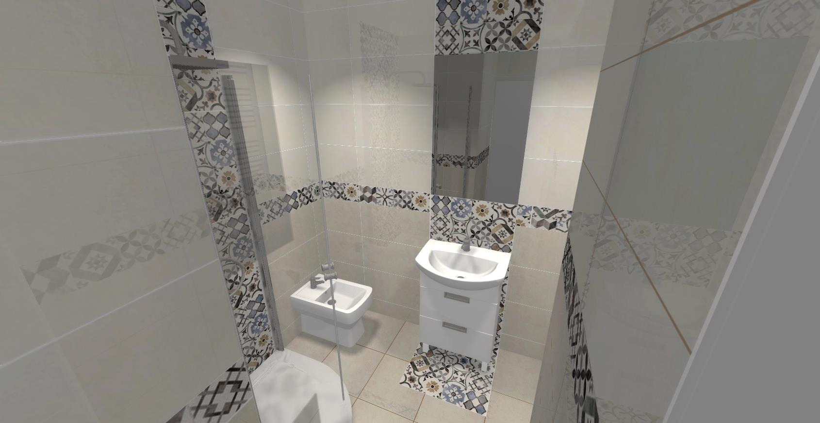 Wizualizacja łazienki z kabiną prysznicową, umywalką z szafką i bidetem, wykończonej płytkami w różnych wzorach, w tym dekoracyjnymi bordiurami.