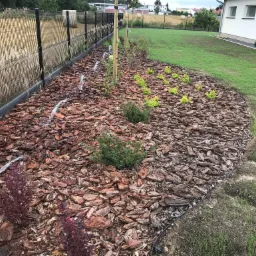 Nowo założony ogród z systemem nawadniania w trakcie podlewania, kora rozsypana wokół roślin, widoczne zraszacze i przewody doprowadzające wodę, w tle trawnik i ogrodzenie panelowe.