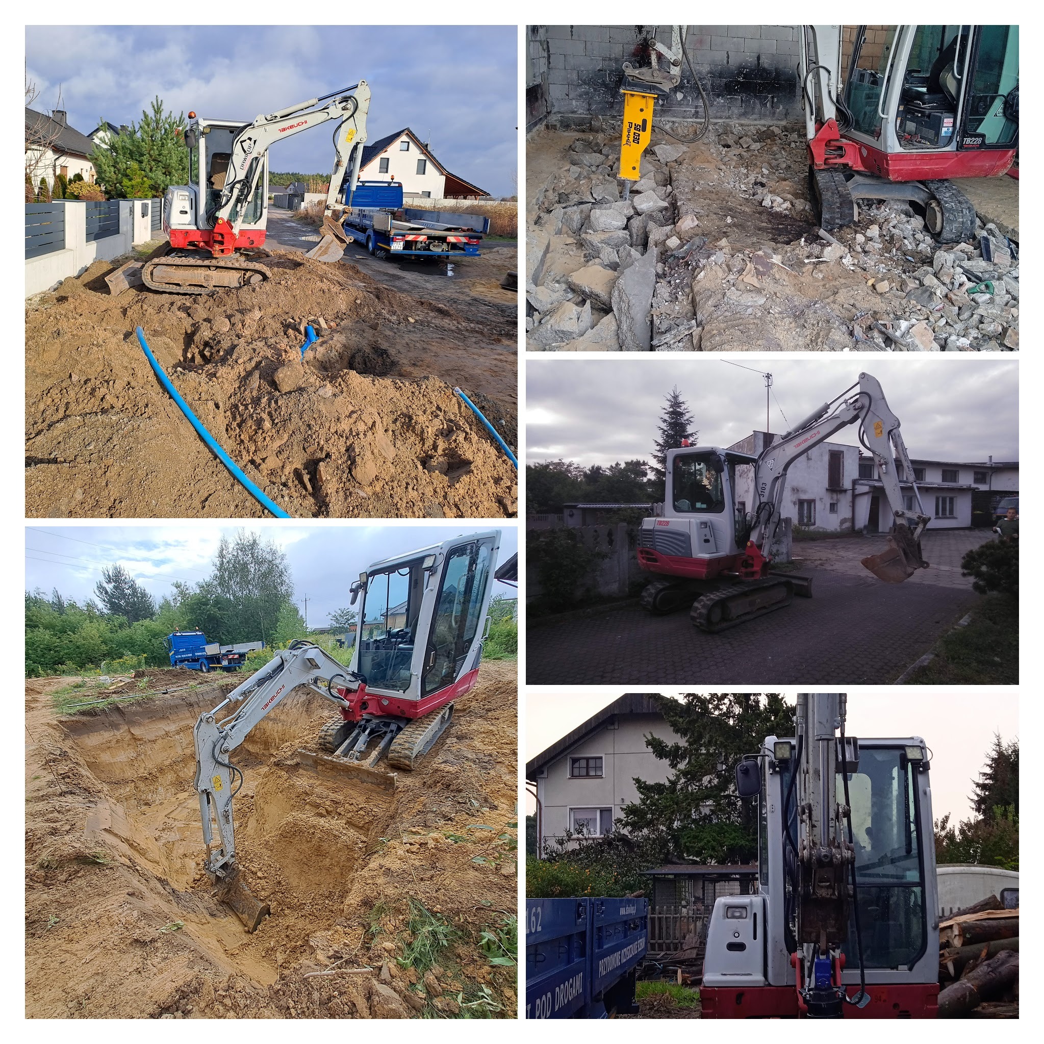 Kompozycja zdjęć: minikoparki Takeuchi TB228 w akcji. Wykopy pod instalacje, gruzowisko po rozbiórce, wykopany rów. Widoczny transport busem i niebieska rura.