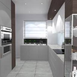 Wizualizacja nowoczesnej kuchni w odcieniach szarości i bieli z drewnianymi akcentami, prezentująca zabudowę kuchenną z piekarnikiem, płytą indukcyjną, zlewozmywakiem przy oknie i przeszkloną...