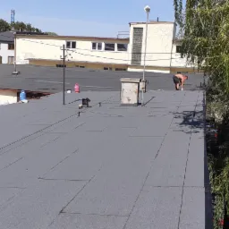 Szary płaski dach pokryty papą, na którym stoi dekarz w czarnych spodenkach, obok komina i butli z gazem, w tle budynki i drzewa.