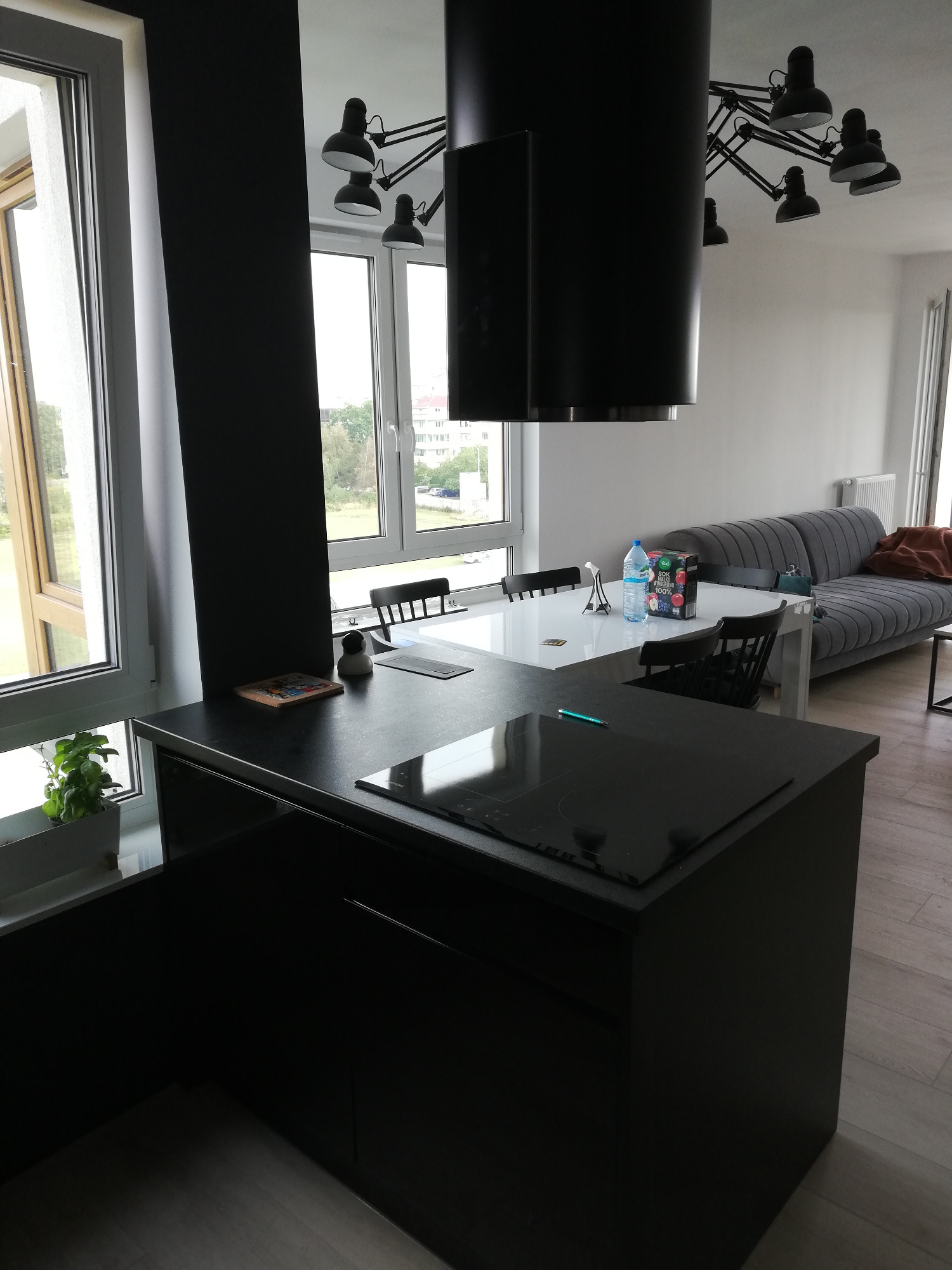 Ciemna zabudowa kuchenna z czarną płytą indukcyjną, na blacie leży zielony długopis, w tle stół z krzesłami, sofa i lampa sufitowa w stylu industrialnym.