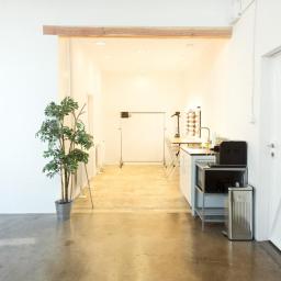 COTAM STUDIO - Wnętrze jasnego studia fotograficznego z betonową podłogą, białymi ścianami, sztuczną rośliną w metalowej donicy, mobilnym tłem fotograficznym i zapleczem kuchennym z oświetleniem do makijażu.