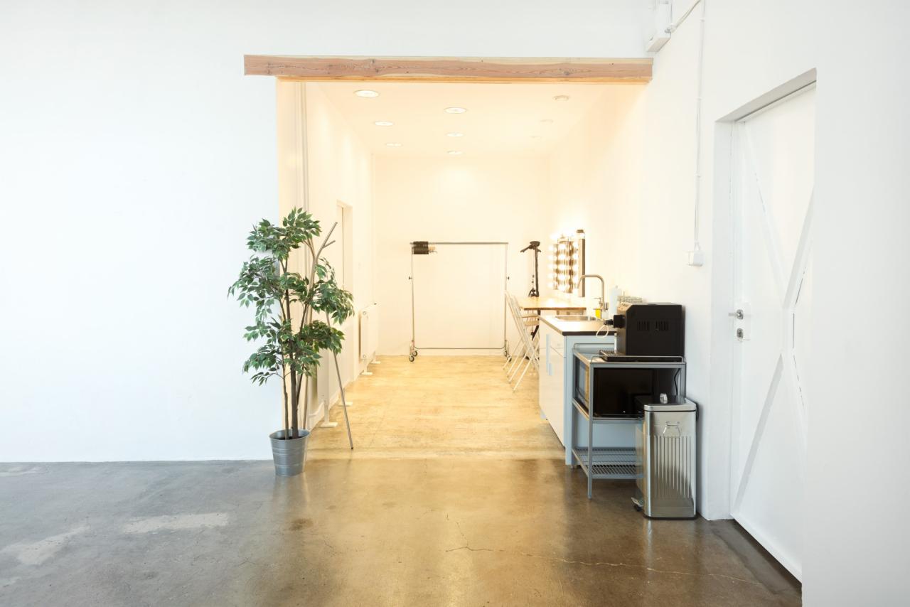 Wnętrze jasnego studia fotograficznego z betonową podłogą, białymi ścianami, sztuczną rośliną w metalowej donicy, mobilnym tłem fotograficznym i zapleczem kuchennym z oświetleniem do makijażu.