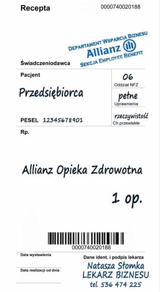 Recepta Allianz Opieka Zdrowotna dla przedsiębiorcy z danymi lekarza i numerem PESEL. Dokument w kolorze białym z niebieskimi elementami.