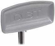 Szara antena DVB-T z bliska, zamontowana na metalowym maszcie, widoczna w dobrym oświetleniu.