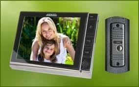 Wyświetlacz wideodomofonu z widoczną uśmiechniętą kobietą i dzieckiem, obok panel zewnętrzny z przyciskiem dzwonka, całość na zielonkawym tle.