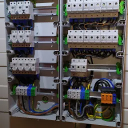 Otwarta skrzynka elektryczna z widocznymi bezpiecznikami, przewodami i złączkami w różnych kolorach, zamontowana na białej ścianie z widocznymi kablami u góry i u dołu.