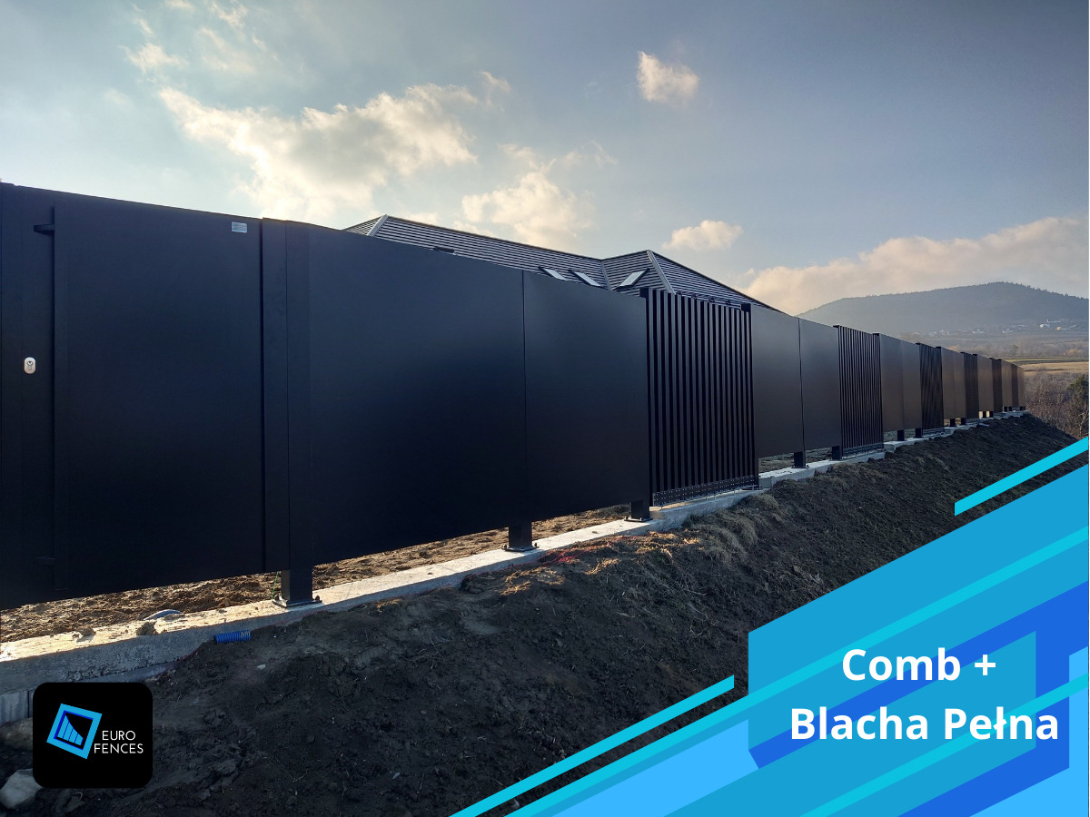 Nowoczesne ogrodzenie z czarnych paneli pełnych i ażurowych, na betonowej podmurówce, z widokiem na dom i wzgórza w tle.