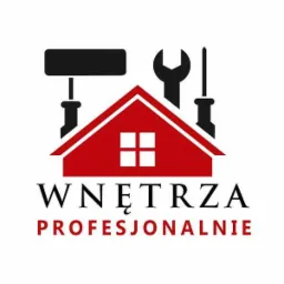 Logo firmy remontowej: czerwony dom z oknami, narzędzia (szpachelka, klucz, śrubokręt) i napis 'Wnętrza Profesjonalnie'.