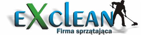 Logo firmy sprzątającej EXclean z sylwetką osoby sprzątającej mopem.