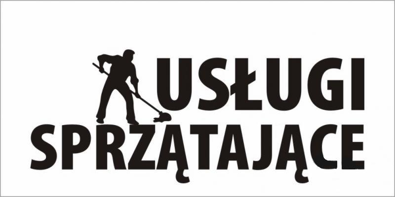 Czarno-biała grafika przedstawiająca sylwetkę osoby myjącej podłogę mopem obok napisu 'USŁUGI SPRZĄTAJĄCE'.