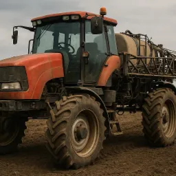 Czerwony, używany traktor opryskiwacz na polu, z widocznymi śladami użytkowania i zbiornikiem na środki ochrony roślin. Pochmurne niebo w tle.