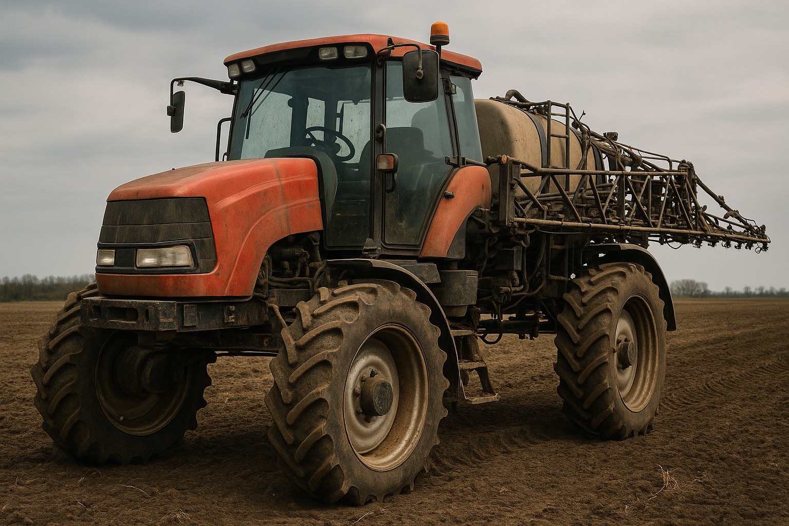 Czerwony, używany traktor opryskiwacz na polu, z widocznymi śladami użytkowania i zbiornikiem na środki ochrony roślin. Pochmurne niebo w tle.