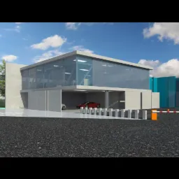 Wizualizacja nowoczesnego budynku usługowego z przeszkloną fasadą i garażem, w którym stoją dwa samochody, z systemem kontroli dostępu na zewnątrz.