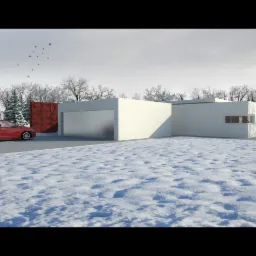 Wizualizacja nowoczesnego, białego domu jednorodzinnego z płaskim dachem, czerwonym samochodem zaparkowanym obok garażu i panelem z czerwonej cegły w tle, otoczonego zimowym krajobrazem ze śniegiem...