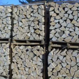 Ułożone w drewnianych skrzyniach pocięte kawałki drewna opałowego, widoczne słoje i naturalna jasna barwa drewna.