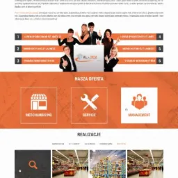 Projekt strony internetowej firmy AL-DEM z Tychów, prezentujący ofertę merchandisingu, serwisu i zarządzania, wraz z galerią realizacji w postaci zdjęć magazynów i sklepów.