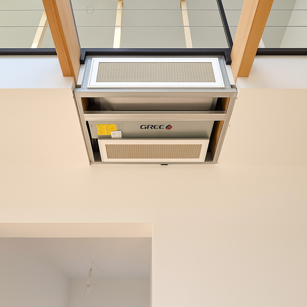 Kasetonowa klimatyzacja GREE zamontowana w suficie podwieszanym z widocznymi elementami konstrukcyjnymi. Ujęcie z dołu, wnętrze minimalistyczne, jasne ściany.