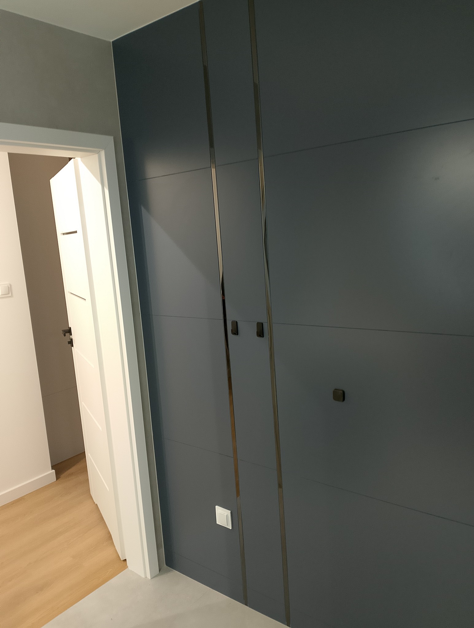 Szara, zabudowana szafa wnękowa z metalowymi wstawkami i kwadratowymi uchwytami, widoczny biały futryna drzwi i fragment podłogi.