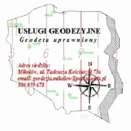 Stylizowana mapa Polski z zaznaczonymi miastami i naniesionymi liniami siatki kartograficznej, kompasem, adresem siedziby firmy geodezyjnej i numerem telefonu.