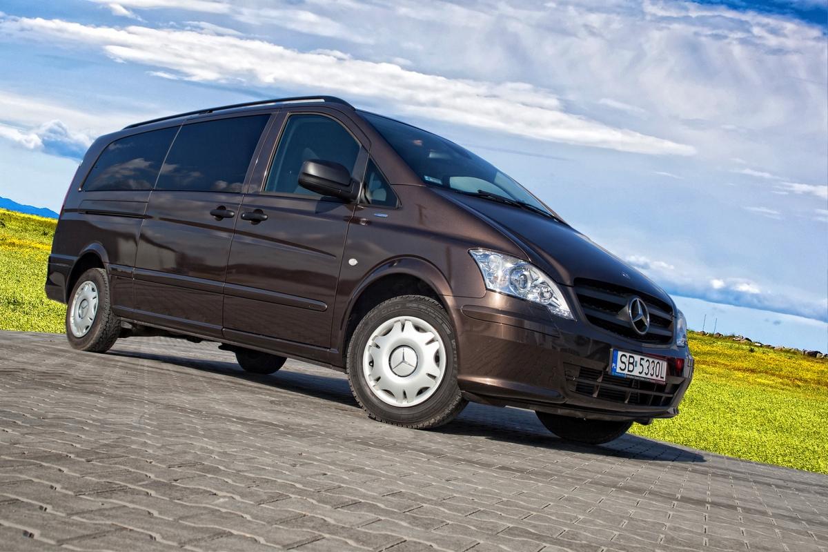 Brązowy Mercedes-Benz Vito, widok z przodu pod kątem, na tle błękitnego nieba z chmurami i zielonego pola w oddali.