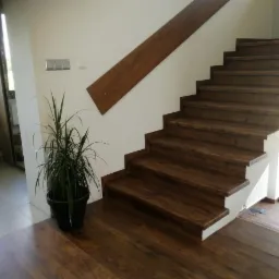 Drewniane schody z listwą i podłogą w ciepłym odcieniu brązu, uzupełnione zieloną rośliną w czarnej donicy, dające wrażenie przytulnego wnętrza.