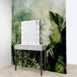 Nowy Wymiar Mebli - Wizualizacja szarej toaletki z podświetlanym lustrem na tle ściany z motywem roślinnym w jasnym wnętrzu.