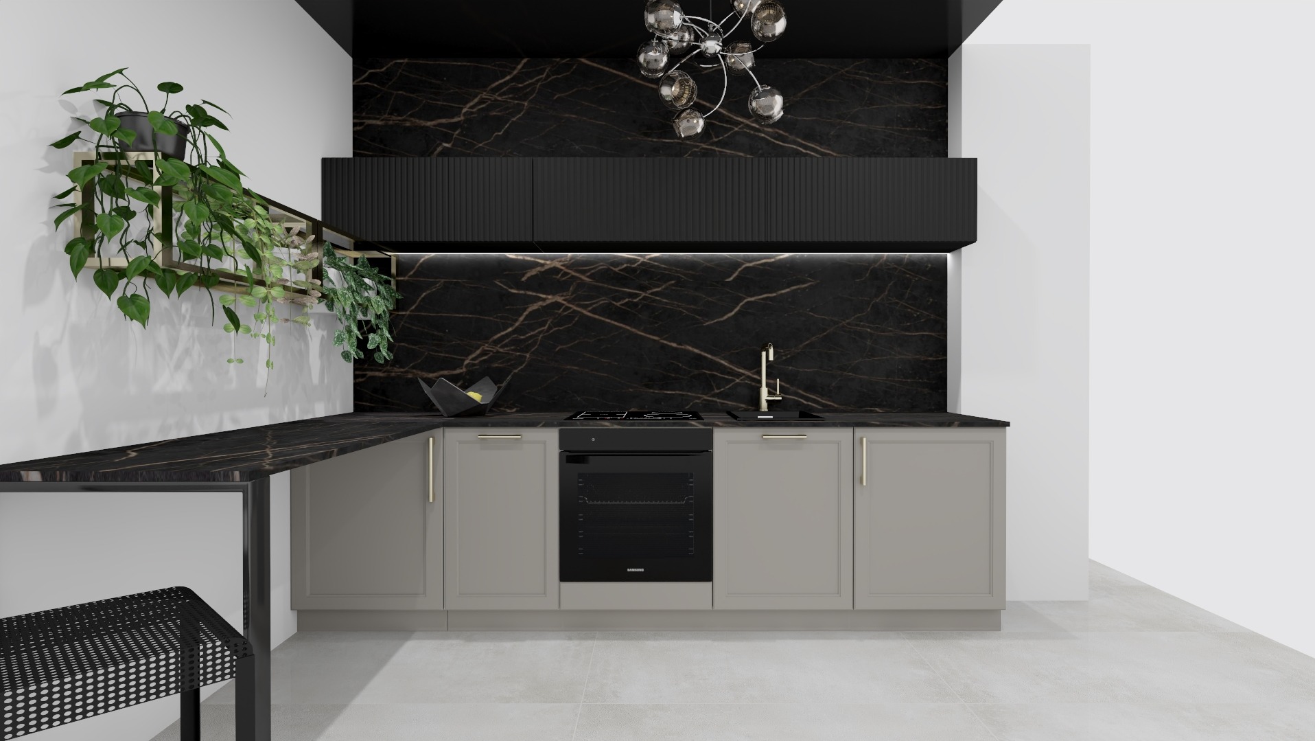Wizualizacja kuchni z szarymi szafkami, czarnym blatem z marmurowym wzorem, oświetleniem LED pod szafkami i wiszącą lampą w stylu glamour, uzupełniona o rośliny doniczkowe na półce.