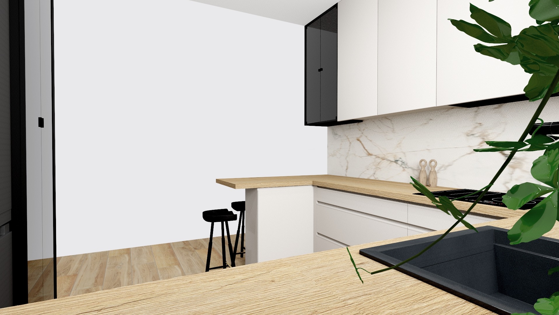 Wizualizacja nowoczesnej kuchni z białymi szafkami, blatem z jasnego drewna i marmurowym backsplash'em, z czarnym zlewozmywakiem i hokerami oraz rośliną w pierwszym planie.