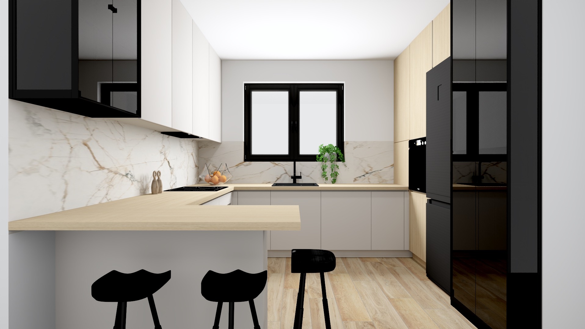 Wizualizacja nowoczesnej kuchni z białymi i drewnianymi szafkami, blatem z jasnego drewna, marmurowym backsplashiem i czarnymi akcentami, takimi jak okno, bateria i wysokie krzesła barowe.