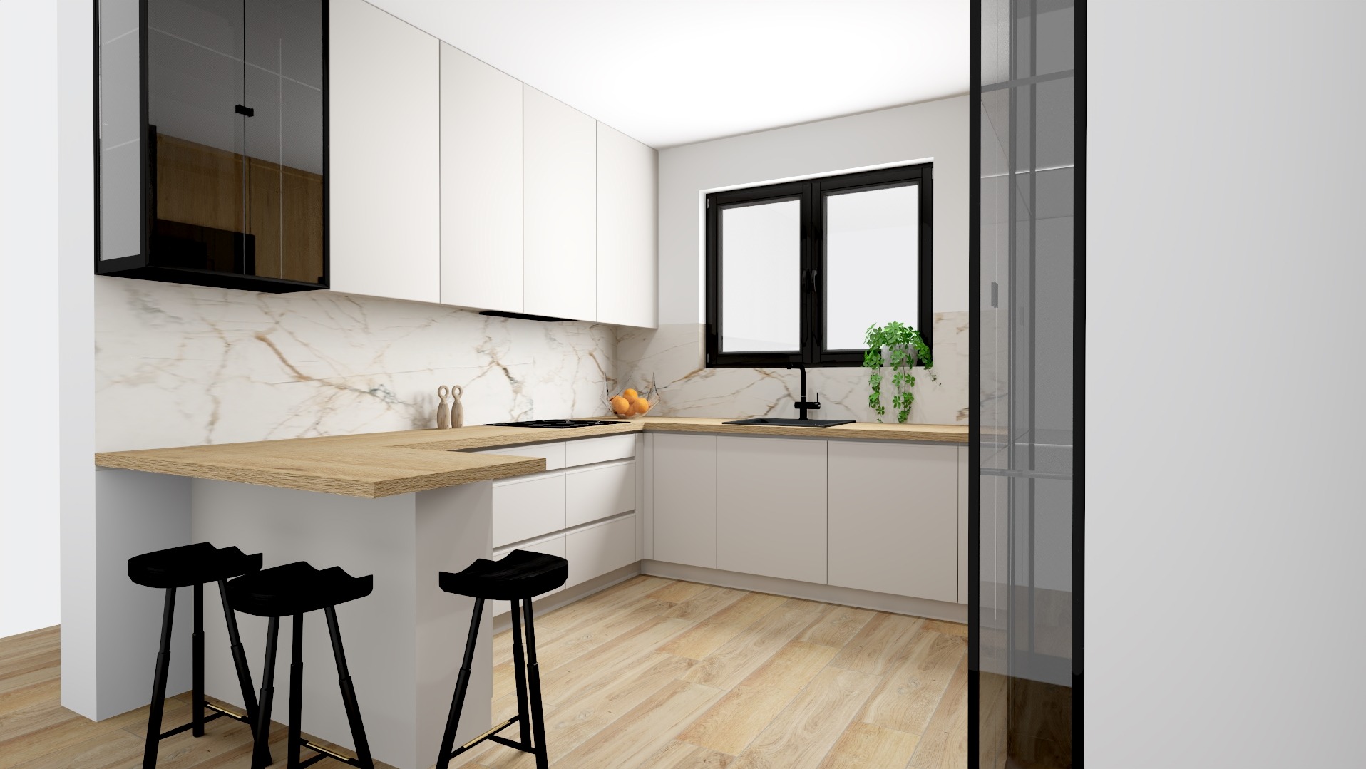 Wizualizacja nowoczesnej kuchni z białymi szafkami, marmurowym backsplash, drewnianym blatem i czarnymi hokerami barowymi, z oknem w czarnej ramie i rośliną doniczkową.
