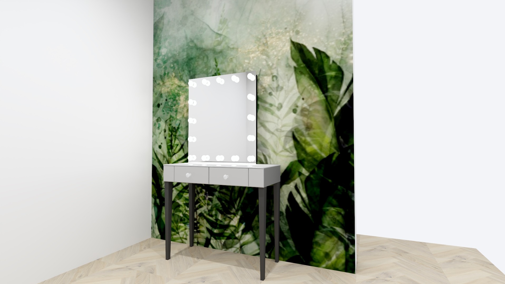 Wizualizacja szarej toaletki z podświetlanym lustrem na tle ściany z motywem roślinnym w jasnym wnętrzu.
